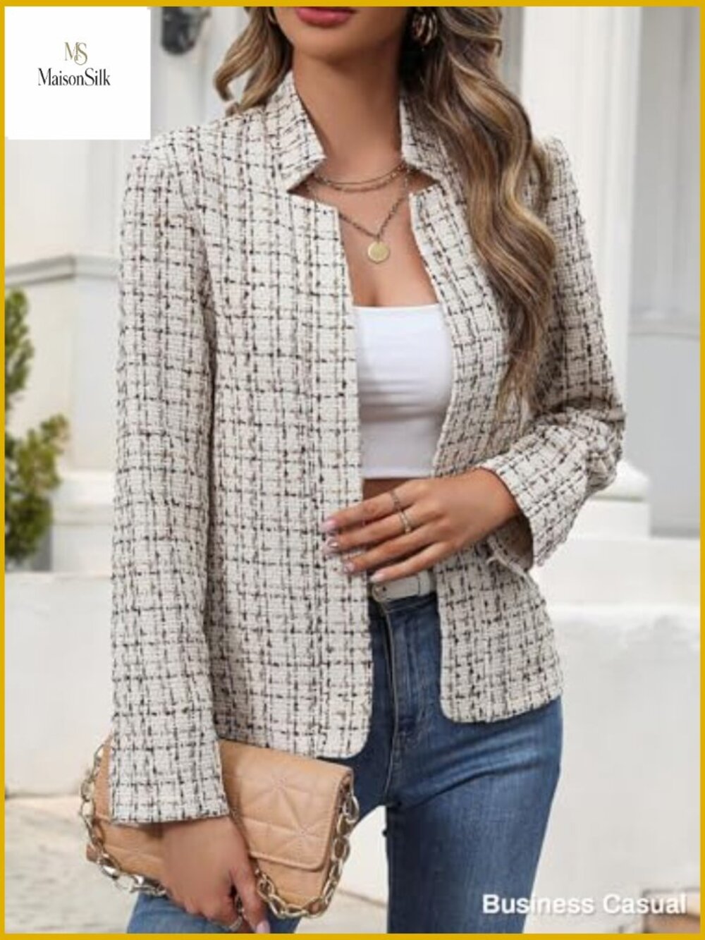 Lightweight Tweed Blazer Open Front Notch Collar Slim Fit Business Casual - Picture 2 of 7